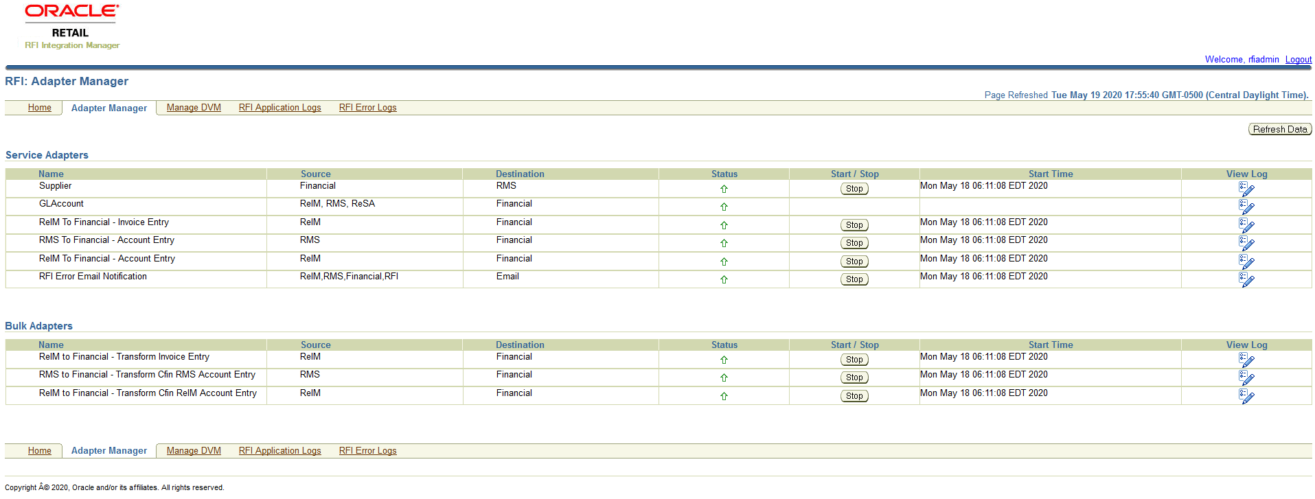 RFI Adapter Manager Screen - CFIN