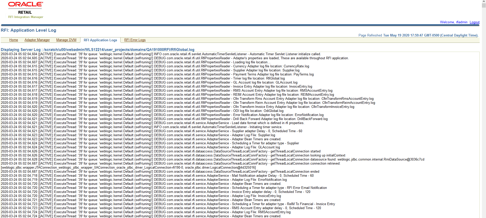 RFI Application Logs Screen