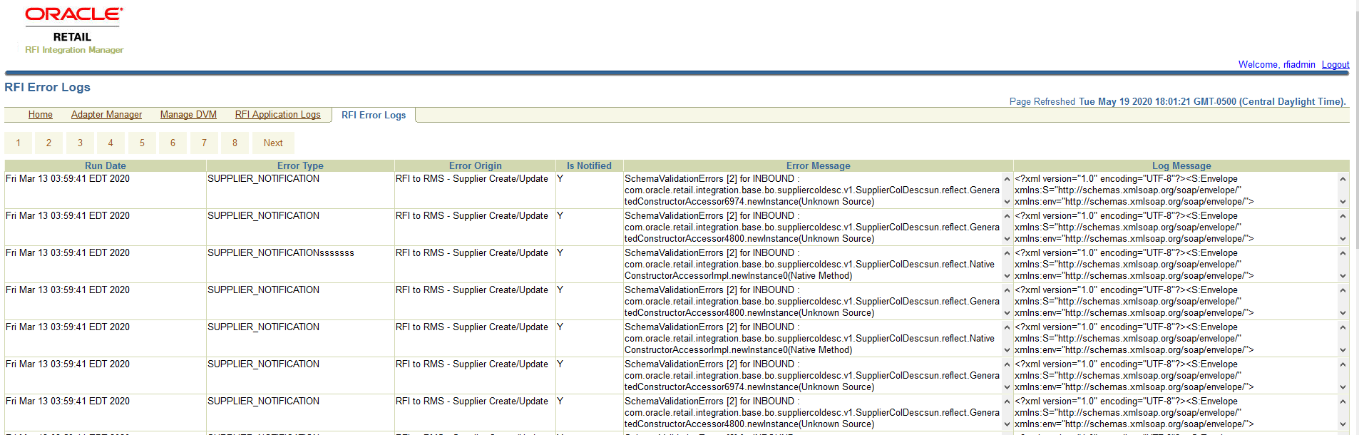 RFI Error Logs screen