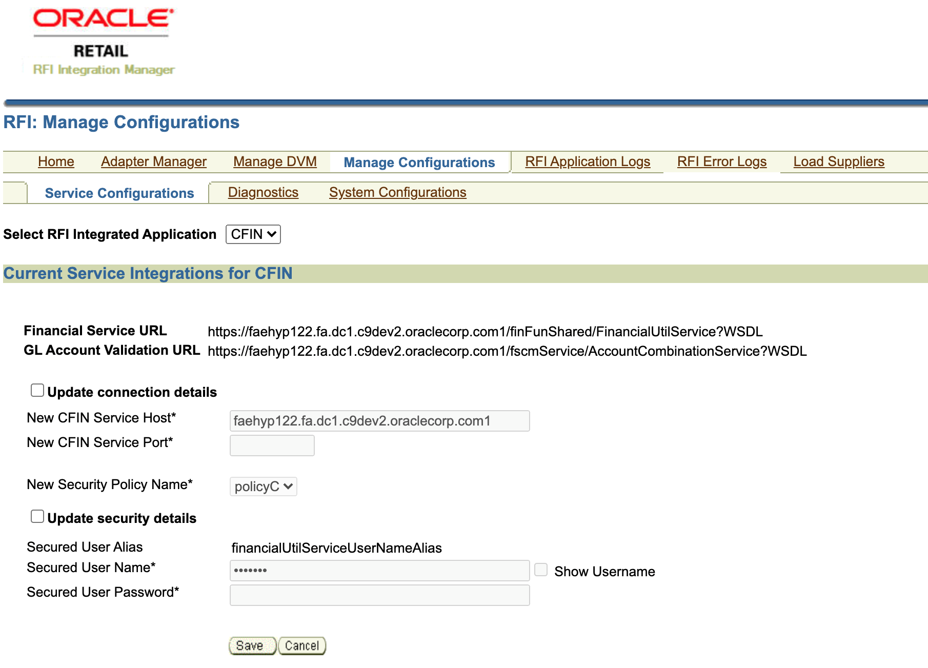 RFI Manage Service Configurations Screen