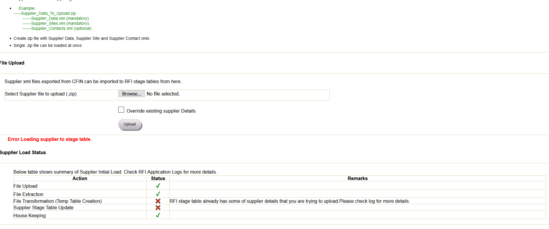 Supplier Upload Status Logs