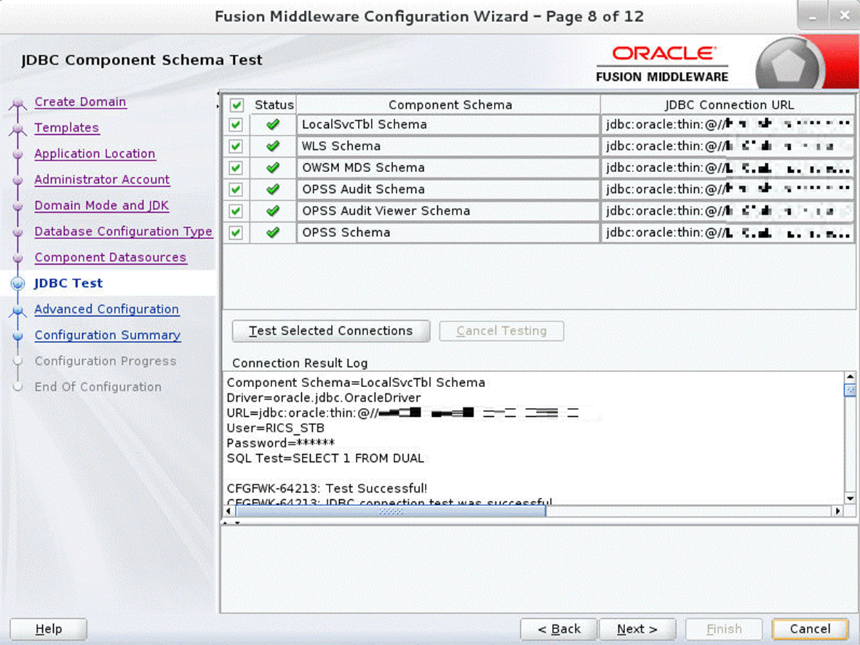 Configuration Wizard Step 8 JDBC Component Schema Test