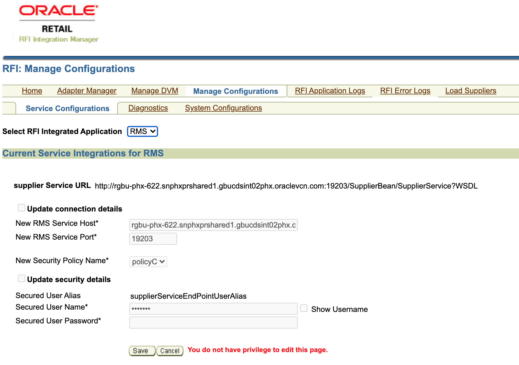 RFI Manage Service Configurations Screen