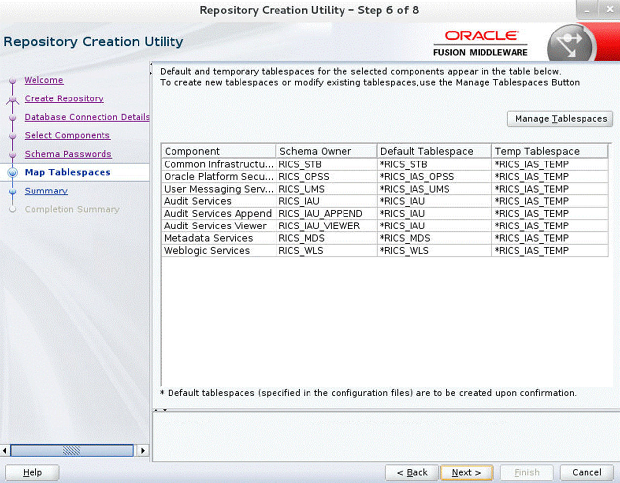 Repository Creation Utility Step 6 Map Tablespaces