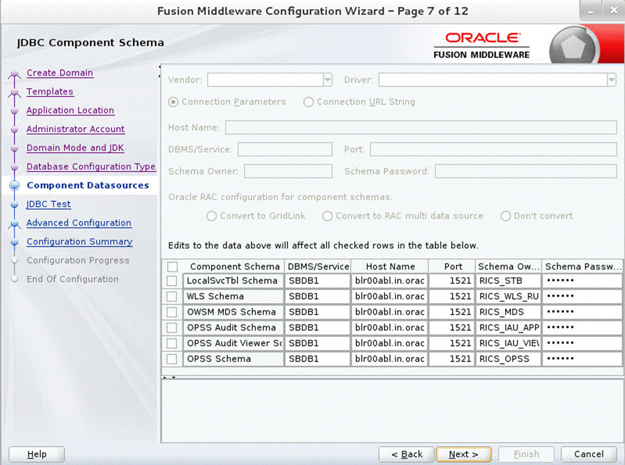 Configuration Wizard Step 7 JDBC Component Schema