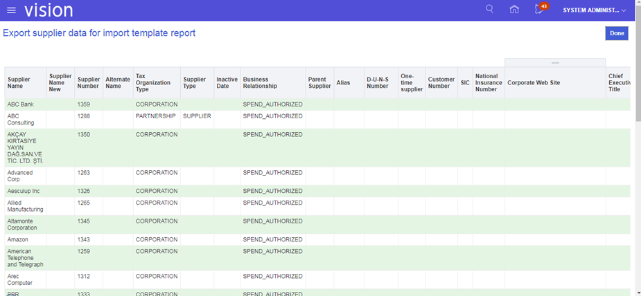 export supplier data page