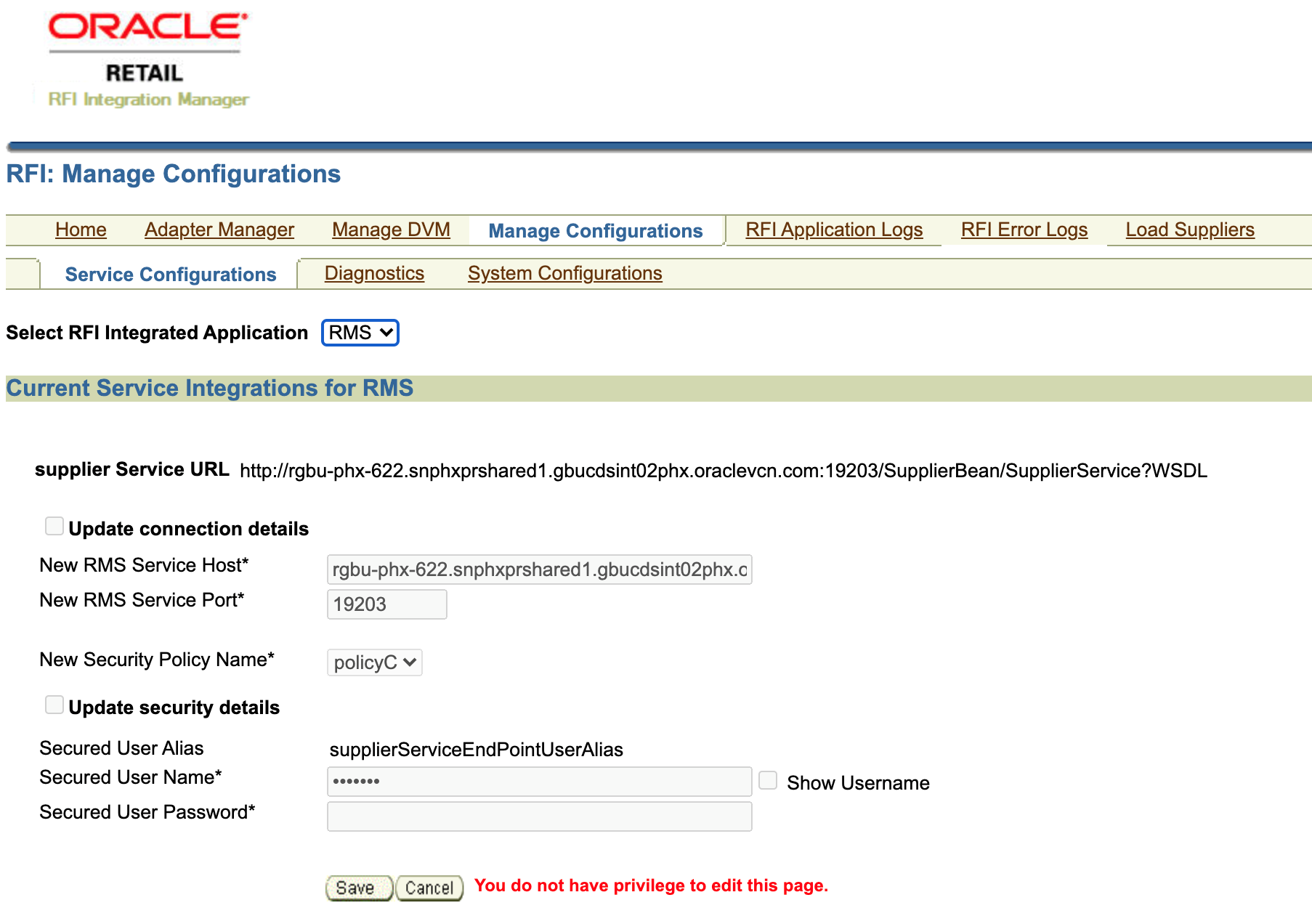 RFI Manage Service Configurations Screen RFI Manage Service Configurations Screen