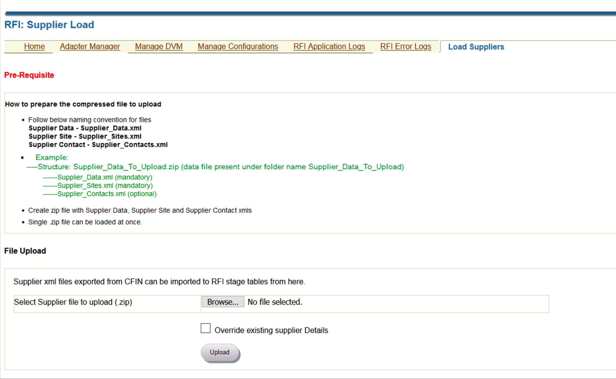 Supplier Upload Pre-Requisites