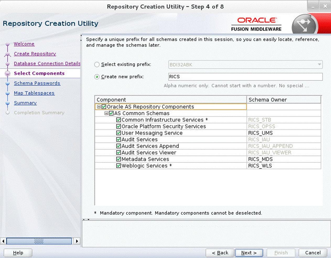 Repository Creation Utility Step 4 Select Components