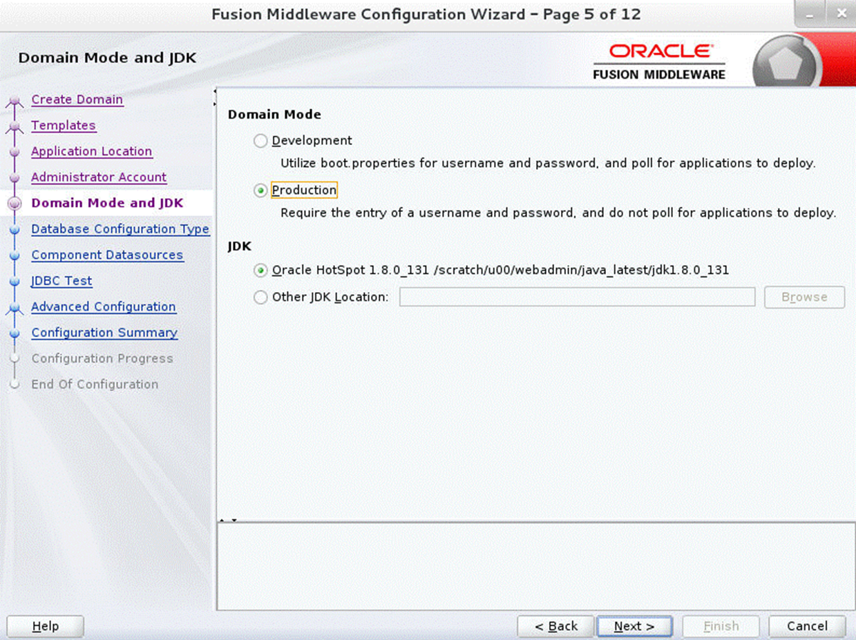 Configuration Wizard Step 5 Domain Mode and JDK