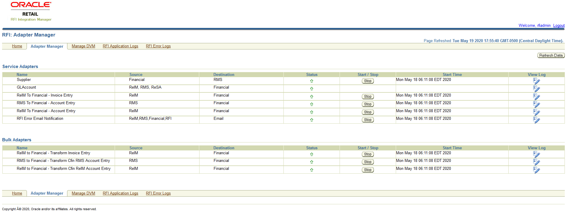 RFI Adapter Manager Screen - CFIN