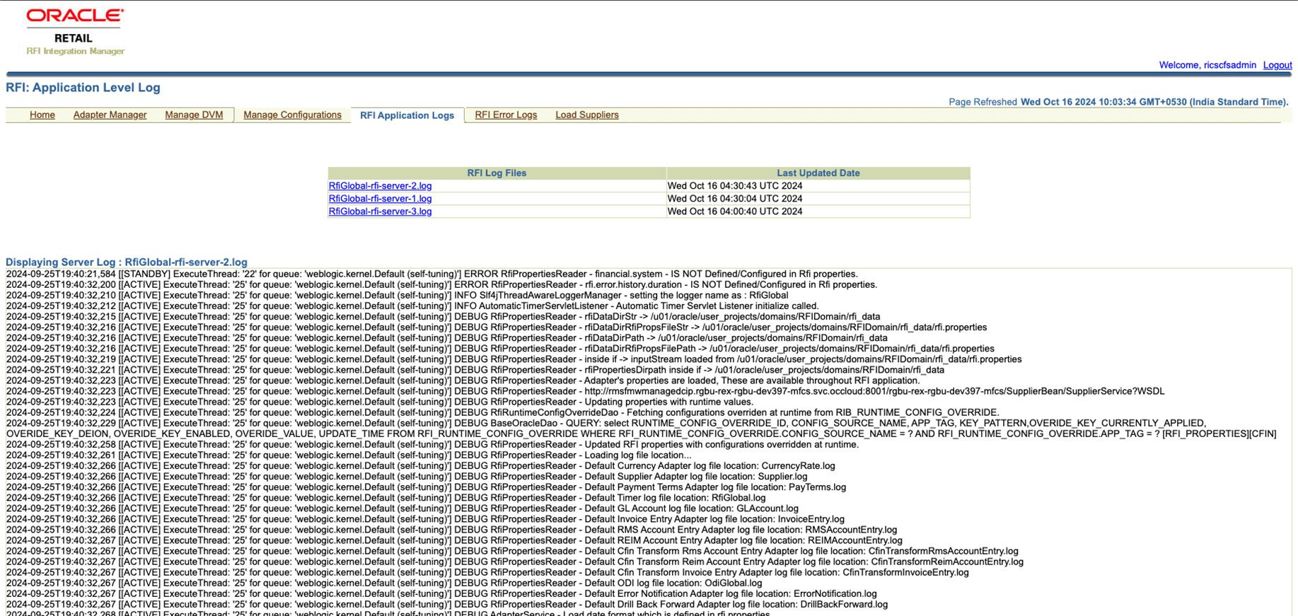 RFI Error Logs screen