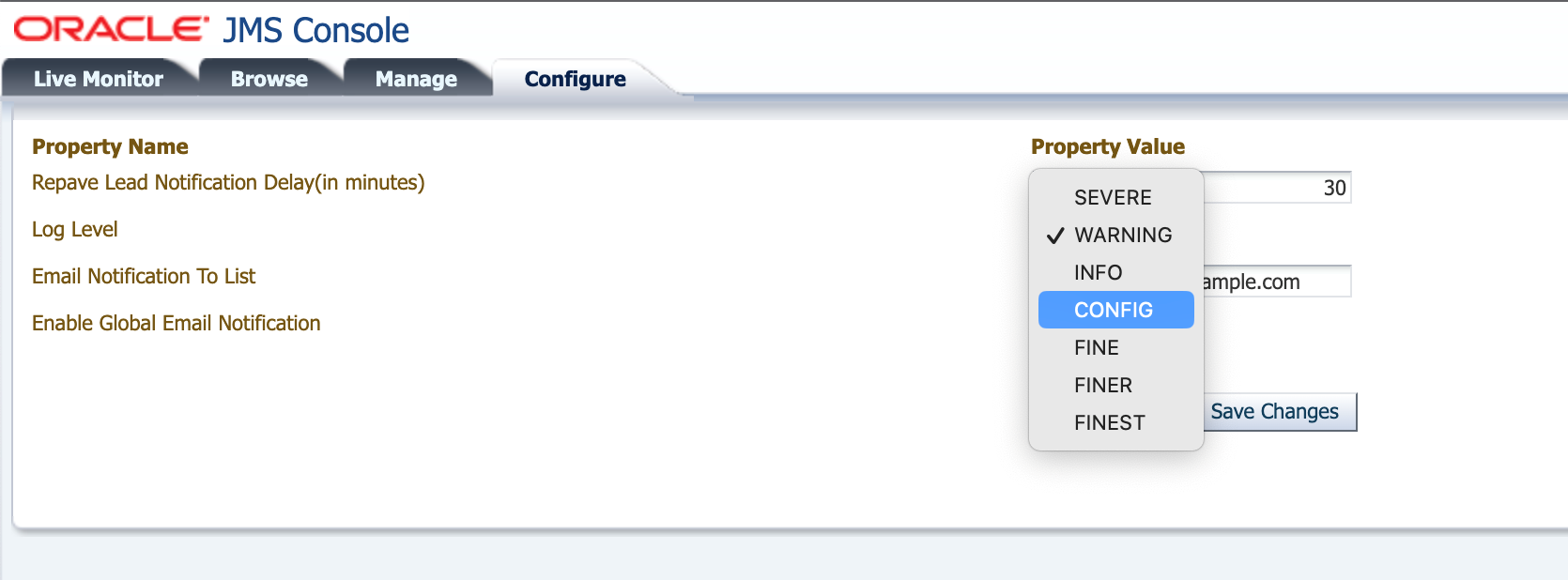 log level dropdown log level dropdown