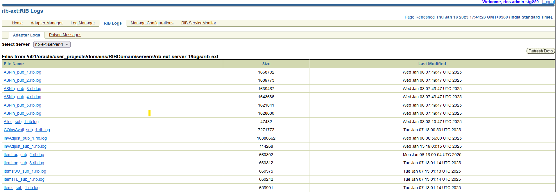 List of RIB Log Files for RIB-EXT