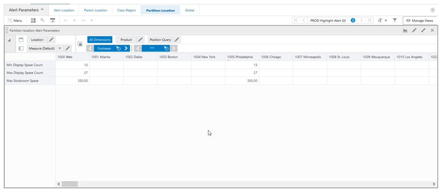 Partition-Location Alert Parameters View