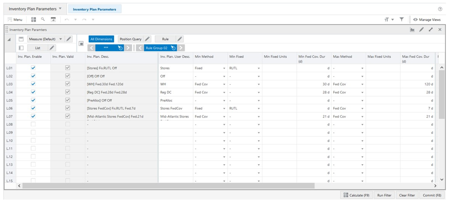 Inventory Plan Parameters View