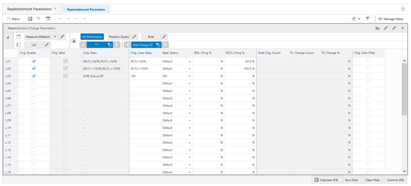 Replenishment Change Parameters View