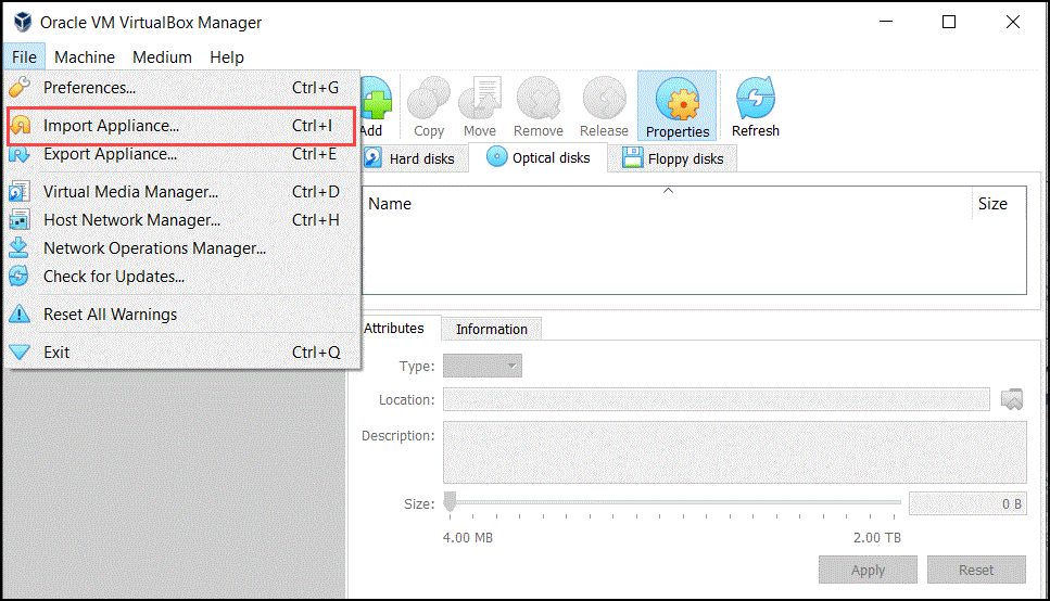 Main Menu: Import Appliance…