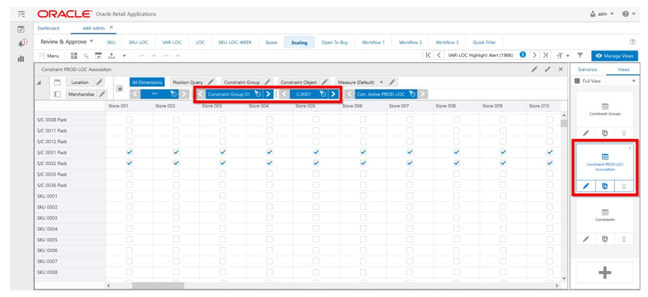Constraints PROD-LOC Association View