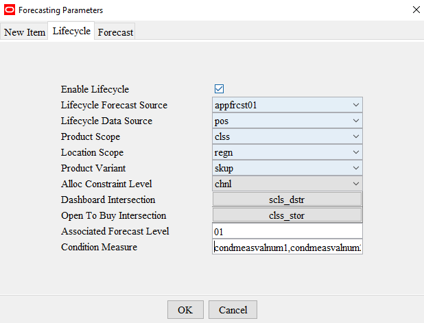 Lifecycle tab — Forecast Parameters