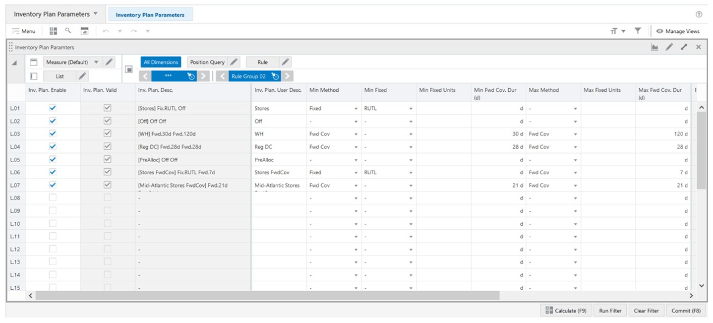 Inventory Plan Parameters View Inventory Plan Parameters View