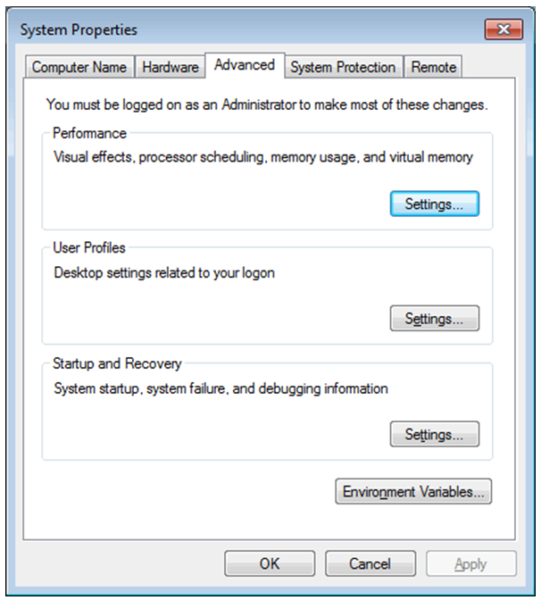 Window for System Properties - AdvTab Window for System Properties - AdvTab