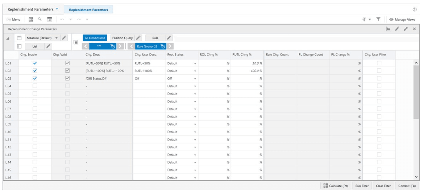 Replenishment Change Parameters View