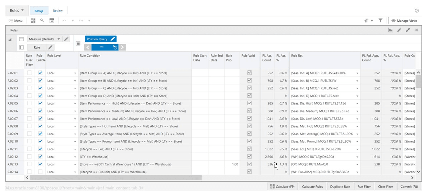 replenishment parameters Rules View