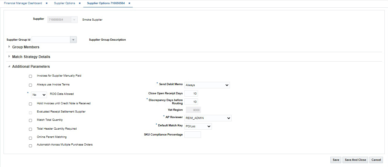 Supplier Options Window