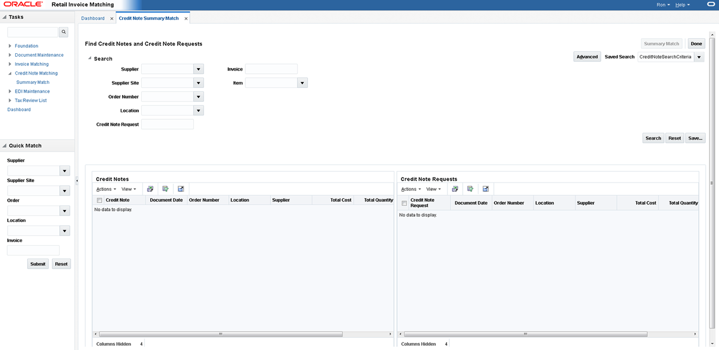 Credit Note Summary Match Window