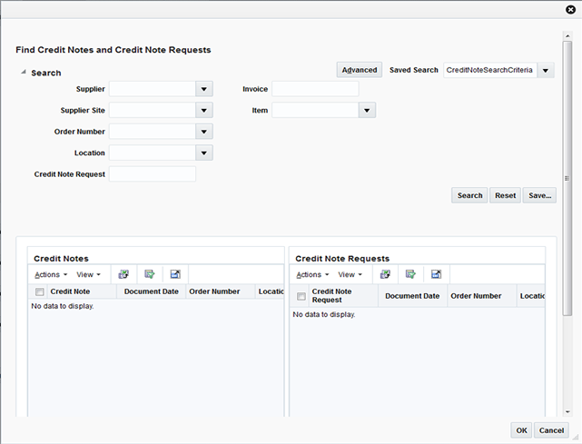 Find Credit Notes and Credit Note Requests Dialog