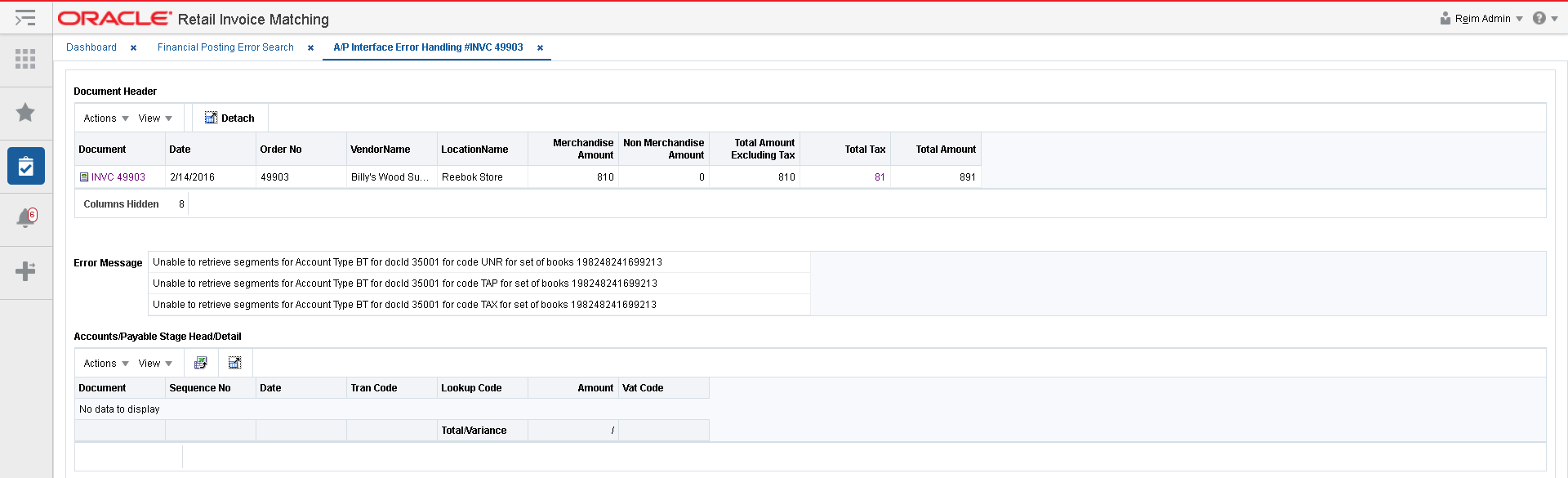 A/P Interface Error Handling Window