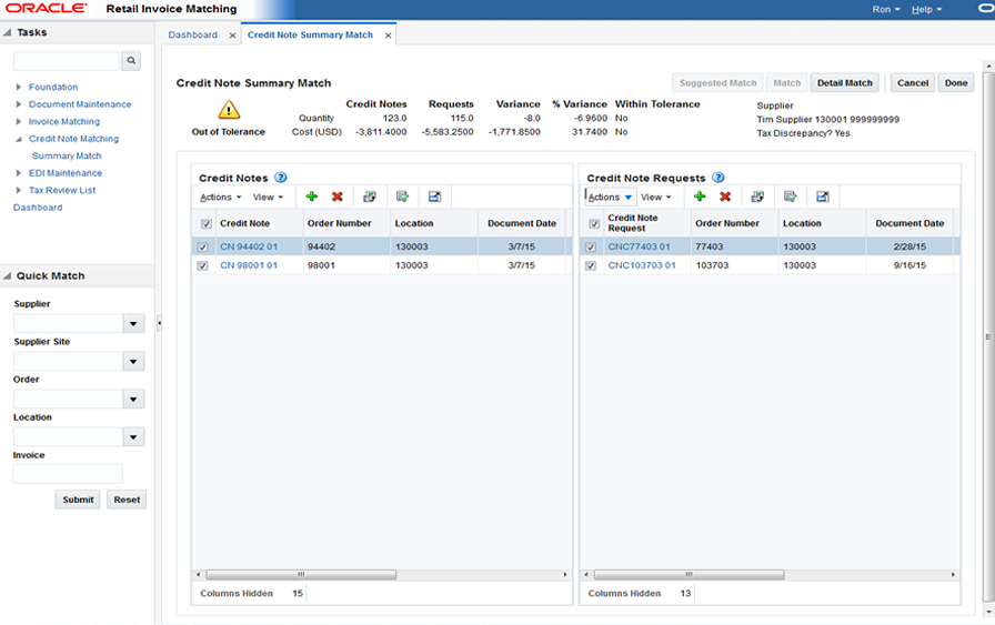 Credit Note Summary Match Screen