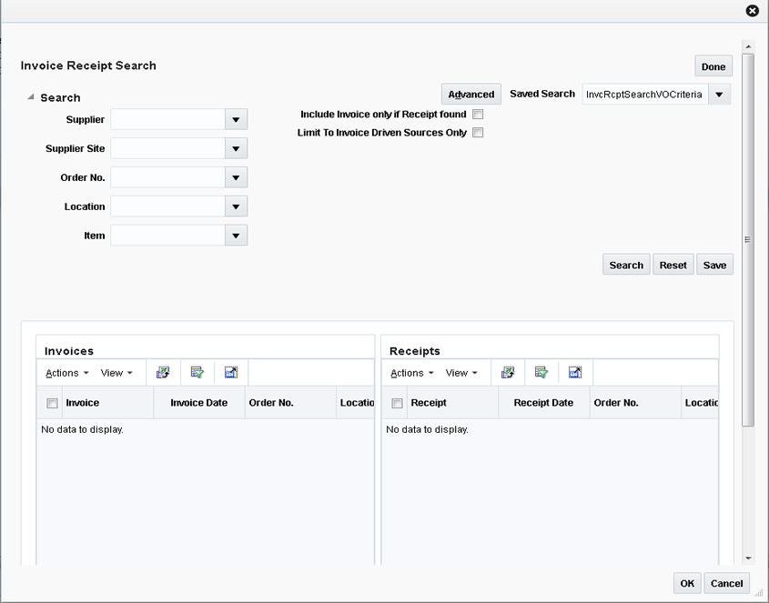 Invoice Receipt Search Dialog