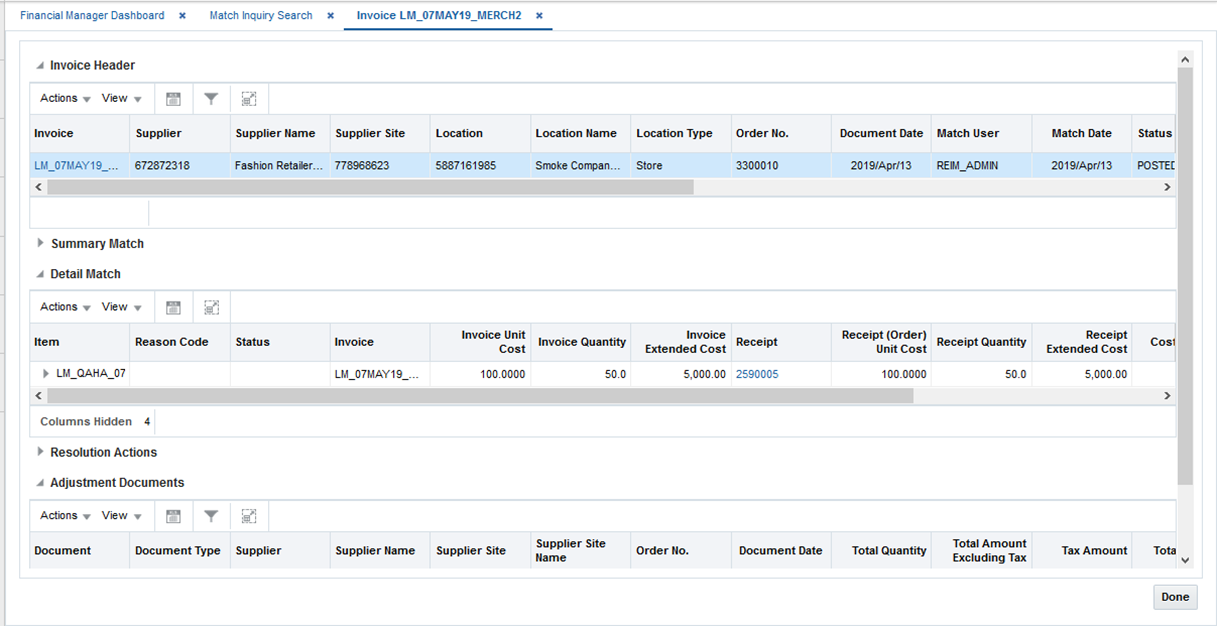 Matched Invoice Window