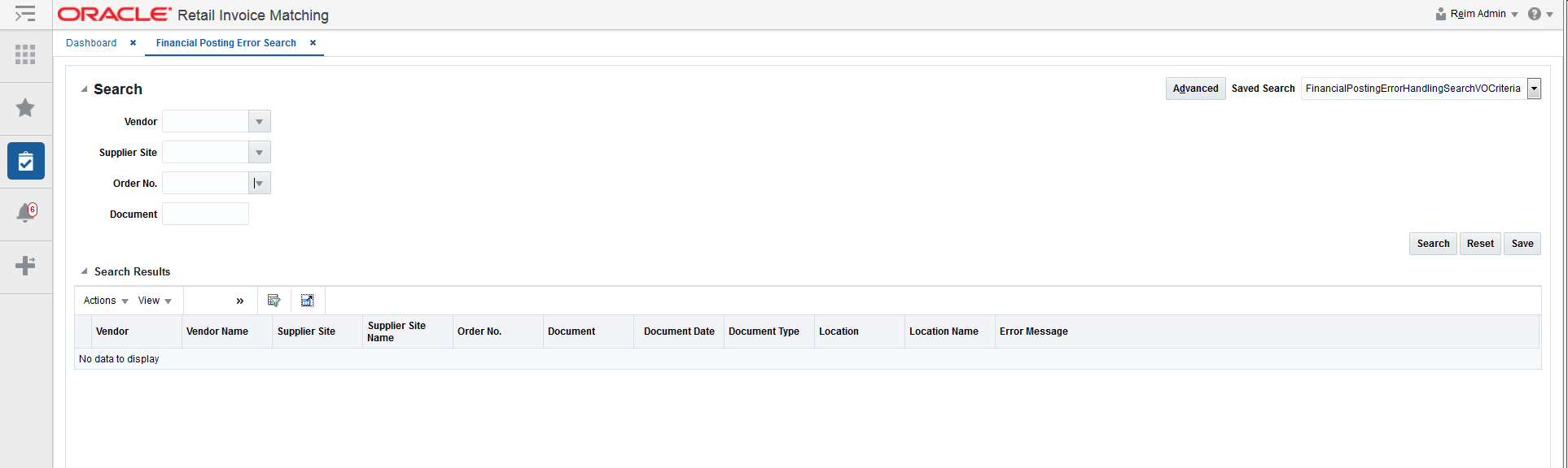Financial Posting Error Search Window Financial Posting Error Search Window