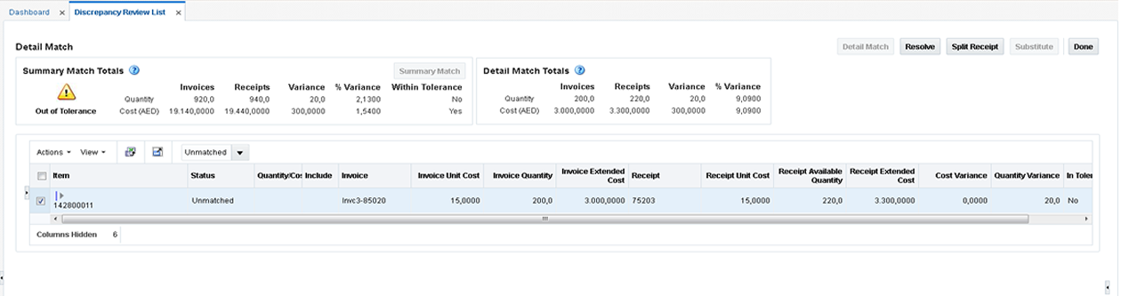 Discrepancy Review List Detail Match Screen