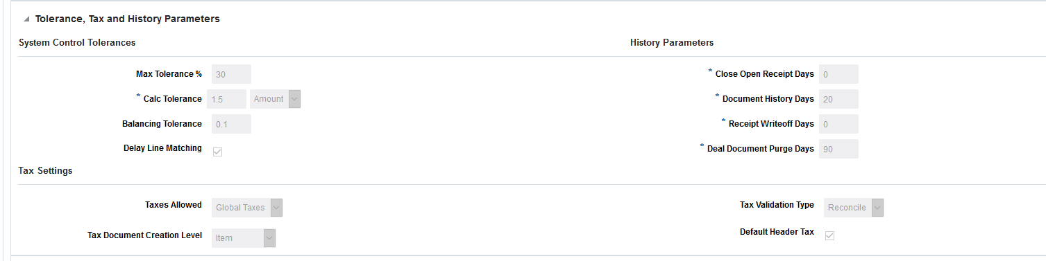 System Options – Tolerance, Tax and History Parameters