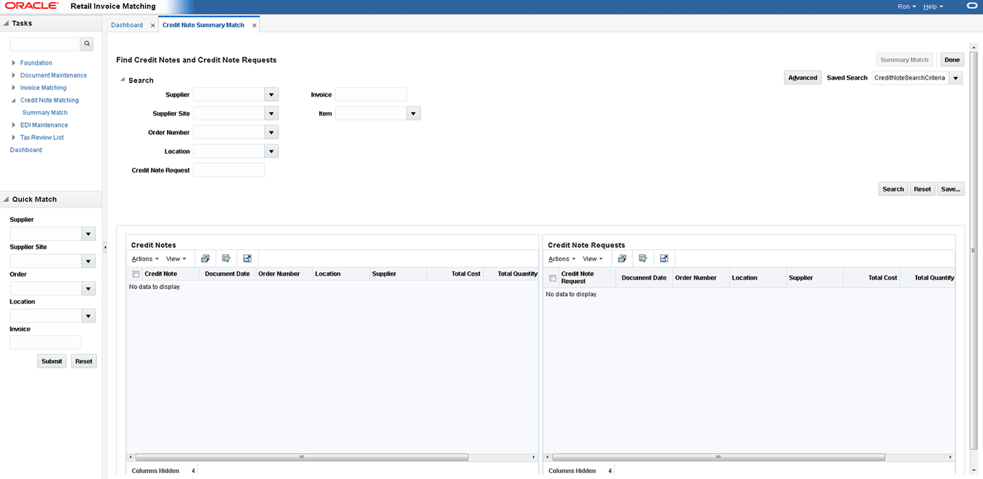 Credit Note Summary Match Window Credit Note Summary Match Window