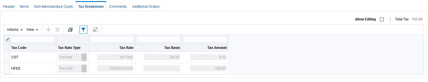 Document Maintenance Tax Breakdown Tab