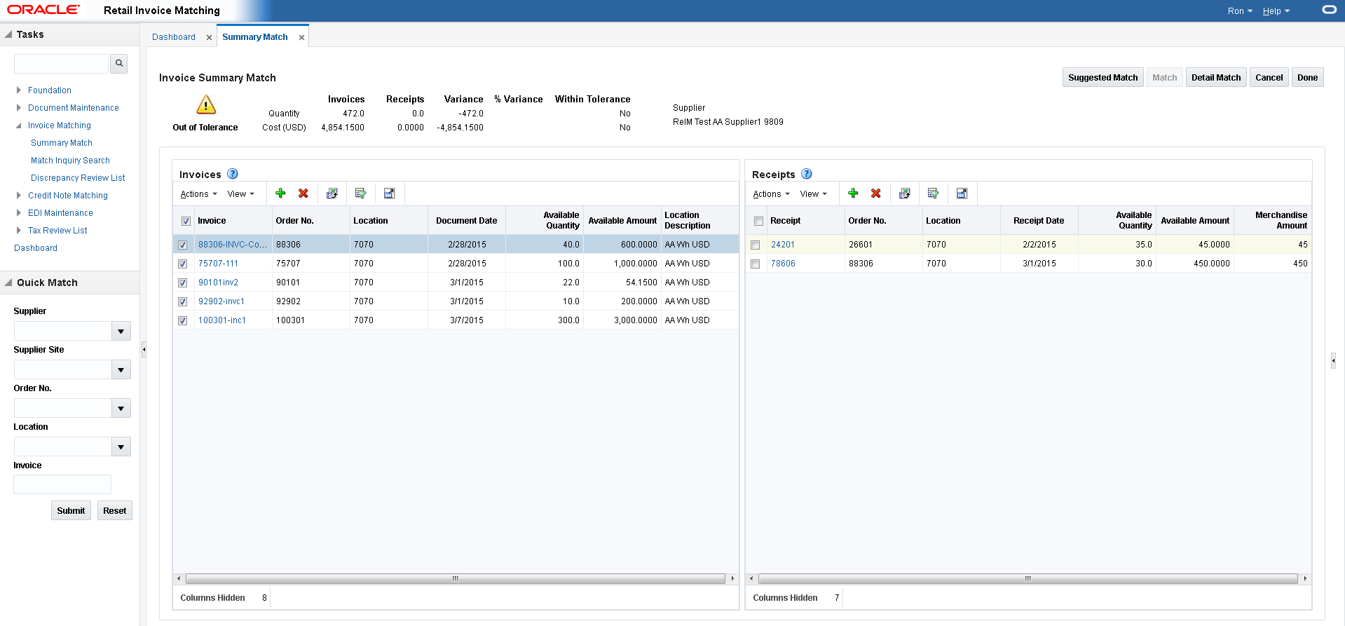 Select Invoices for Suggested Match