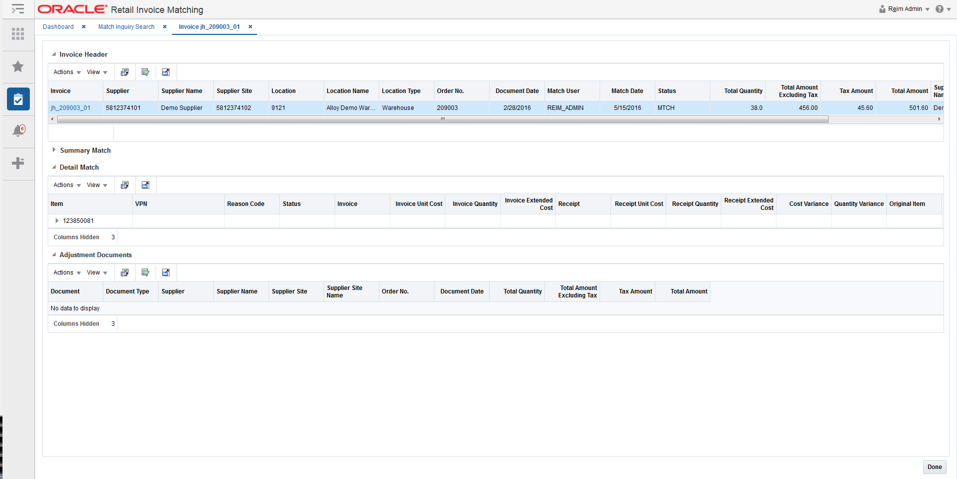 Matched Invoice Screen