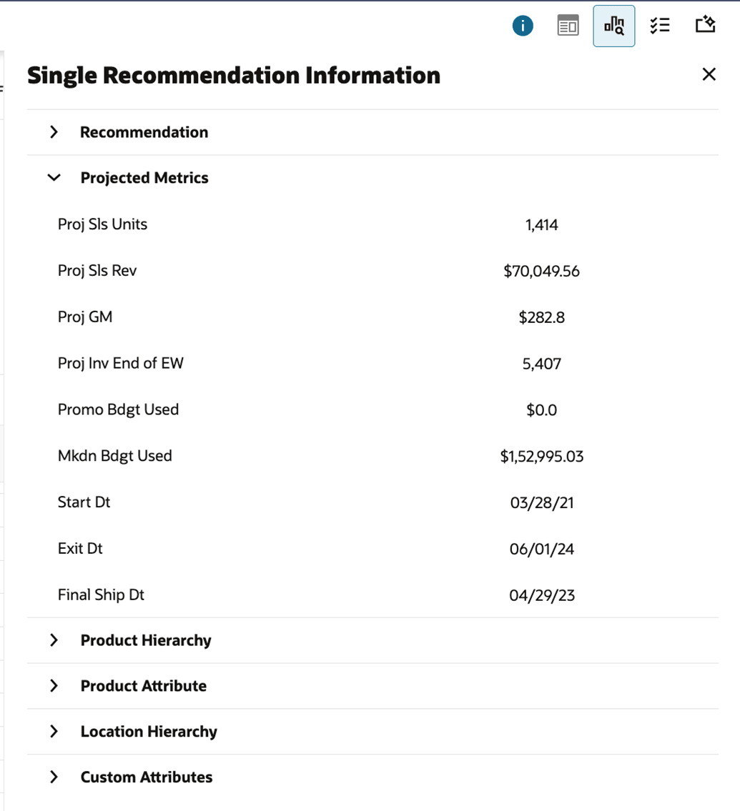 Manage LPO Recommendations - Contextual Area - Single Recommendation Information - Projected Metrics