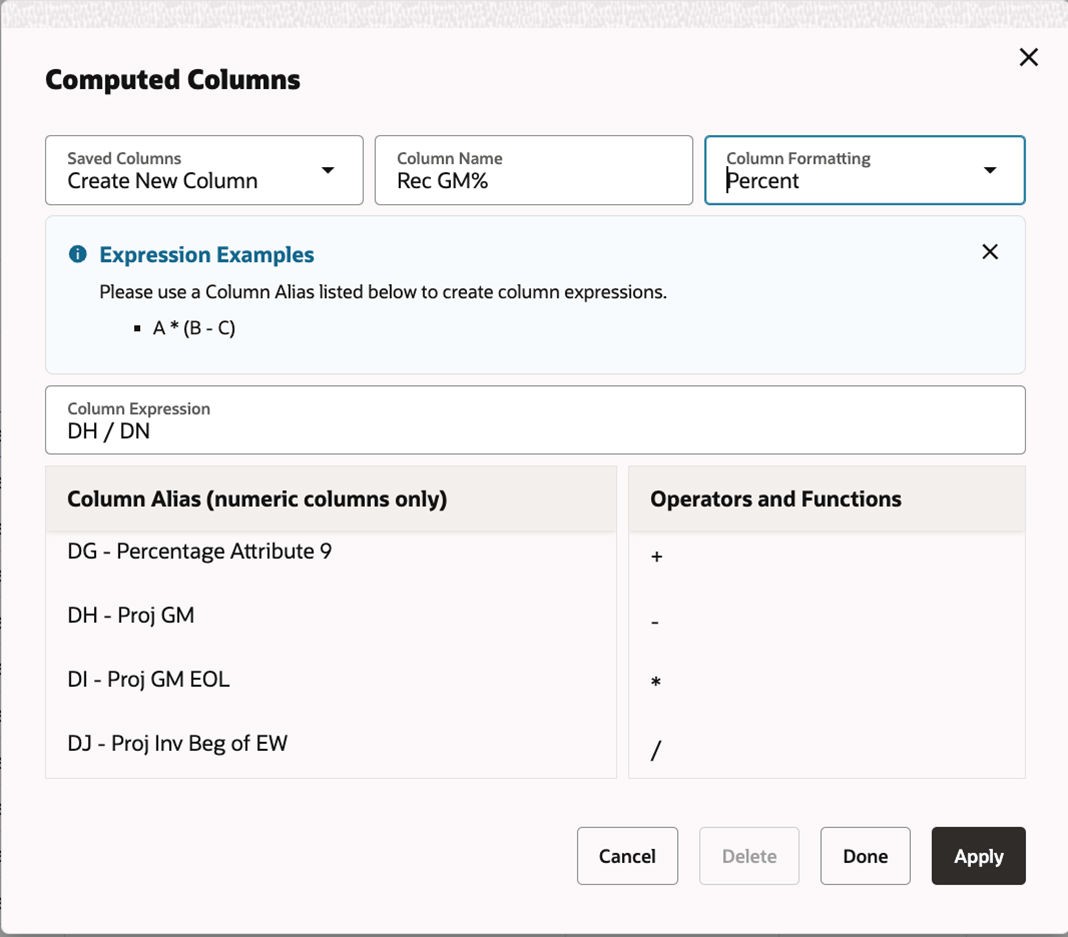 Figure 8-19 Manage Recommendations - Computed Columns