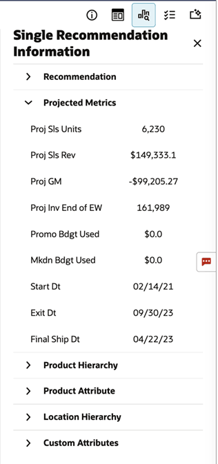 Manage LPO Recommendations - Contextual Area - Single Recommendation Information - Projected Metrics