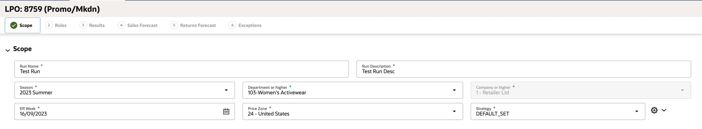This image shows promotion markdown optimization run scope
