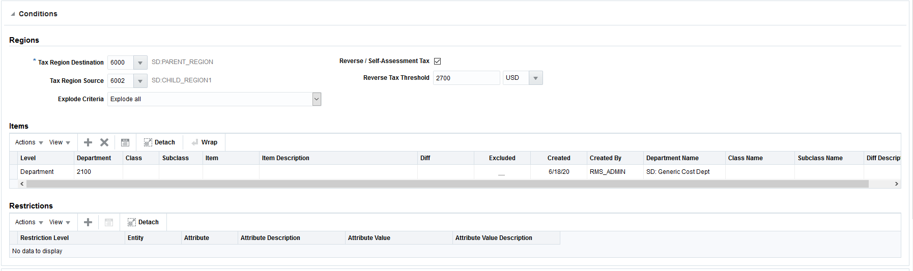 Tax Rule Conditions Tab