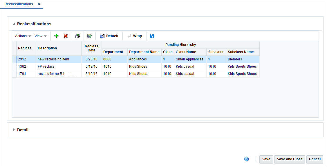 Reclassifications window Reclassifications window