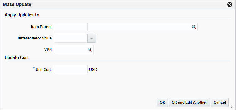 Mass Update window Mass Update window