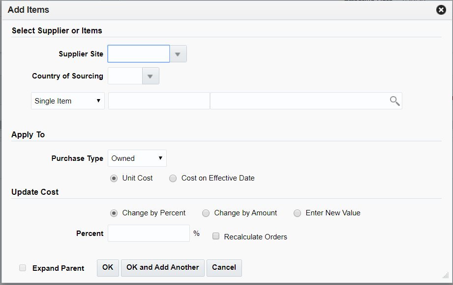 Add Items Pop-up Add Items Pop-up